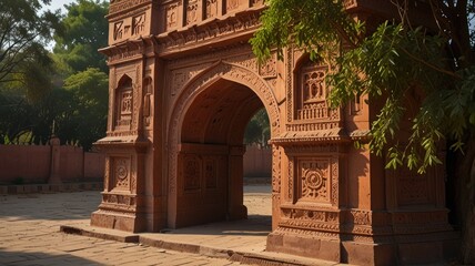 Fototapeta premium Ornate terracotta archway, intricate carvings, sunlight, ancient architecture, historical site.