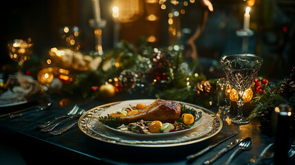 Festive dinner table setting with roasted chicken and seasonal decorations in warm lighting