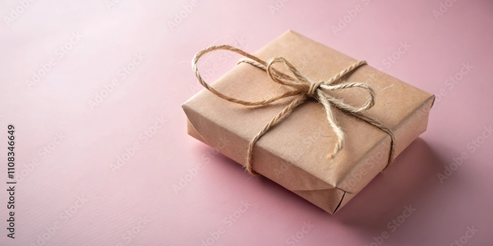 Aufkleber a simple gift wrapped in brown paper and tied with a string bow on a pink background