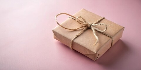 A Simple Gift Wrapped in Brown Paper and Tied with a String Bow on a Pink Background