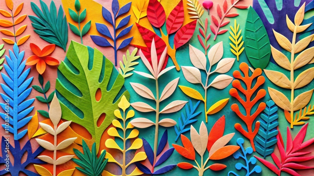 Poster A vibrant tapestry of colorful paper cutouts depicting a diverse array of botanical elements, arranged in a dynamic composition, celebrating the beauty of nature in a whimsical and artistic manner.