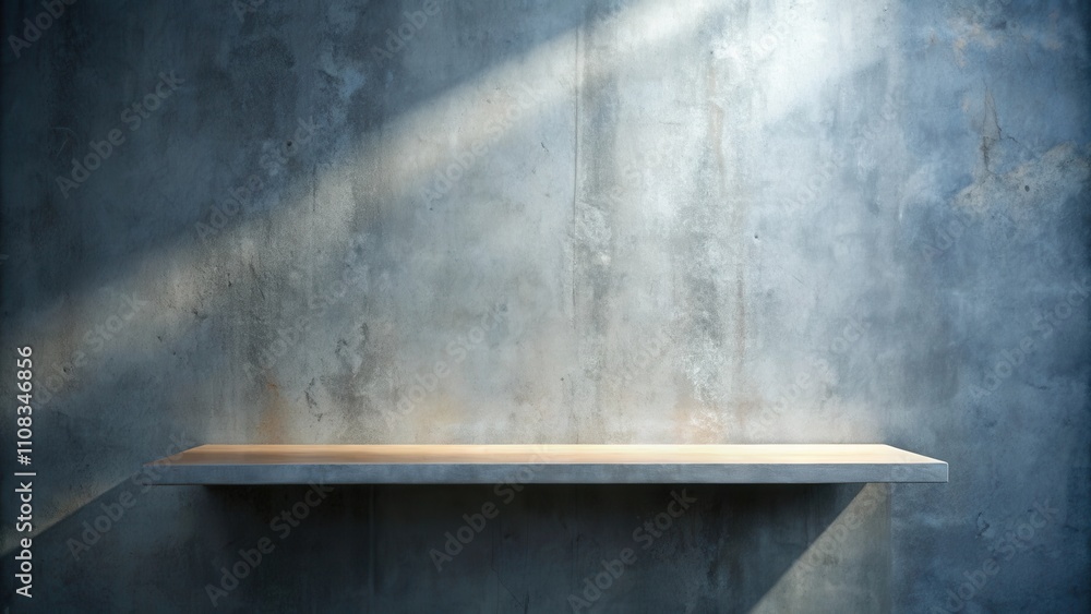 Poster a single wooden shelf against a rustic gray concrete wall with a soft light beam shining from the to