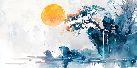 Traditional eastern art. Ink painting. Zen. ancient scroll. Fantasy landscape panorama. Background wallpaper, poster, invitation, flyer, banner, email, header, social media post. Generative Ai content