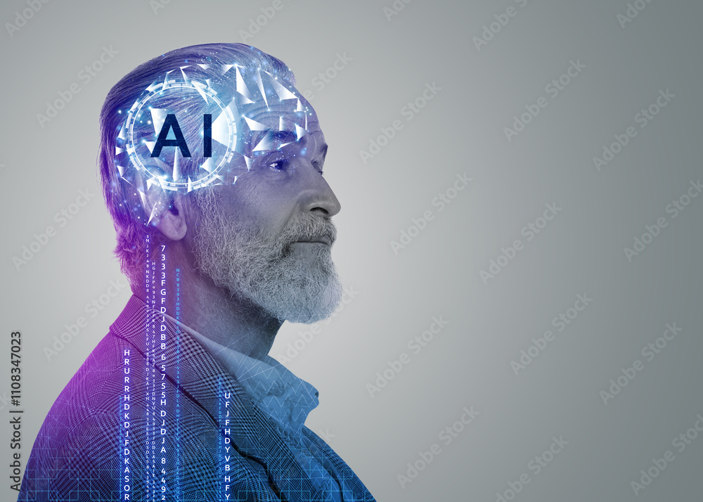 Poster artificial intelligence. double exposure of senior man, code and brain on grey background. space for