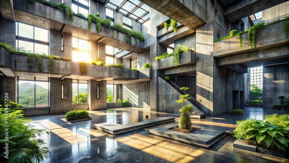 Aufkleber a modern concrete building with lush greenery growing on the balconies and in the courtyard, sunligh