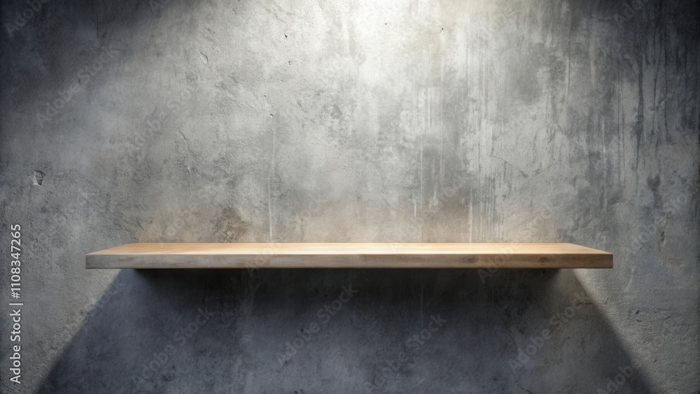Poster a single wooden shelf against a textured concrete wall, illuminated by a spotlight, creating a minim