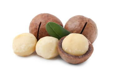 Macadamia nuts with shells isolated on white