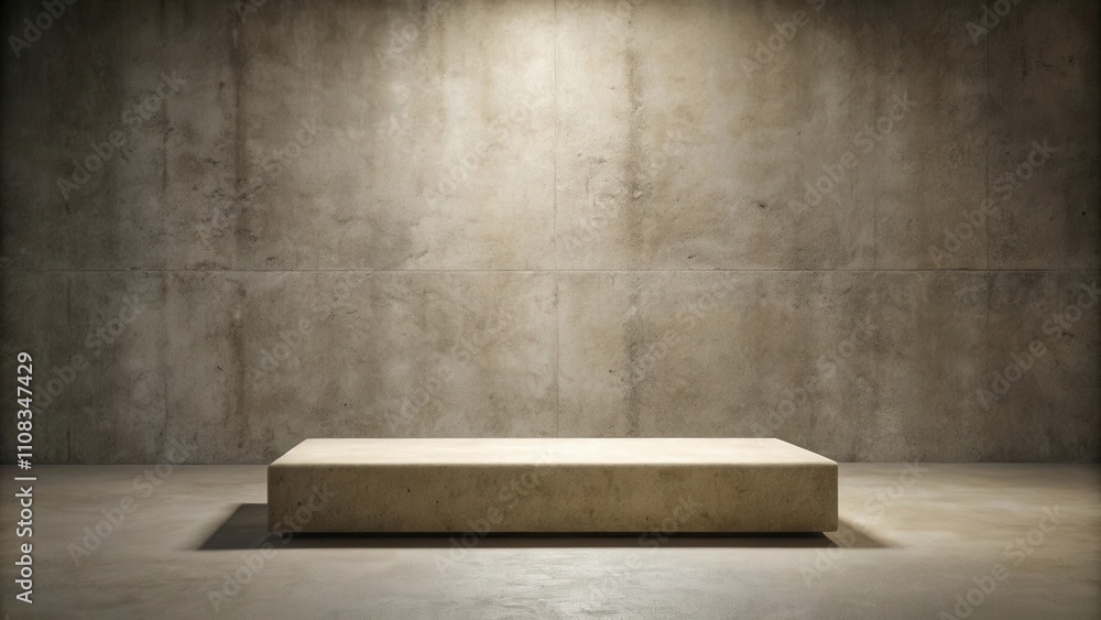 Poster a single stone platform in an empty concrete room with a single light beam shining down from above
