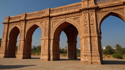 Obraz premium Here's a caption and keywords for your stock photo.. Ornate sandstone archway, intricate carvings, historical architecture, sunny day.