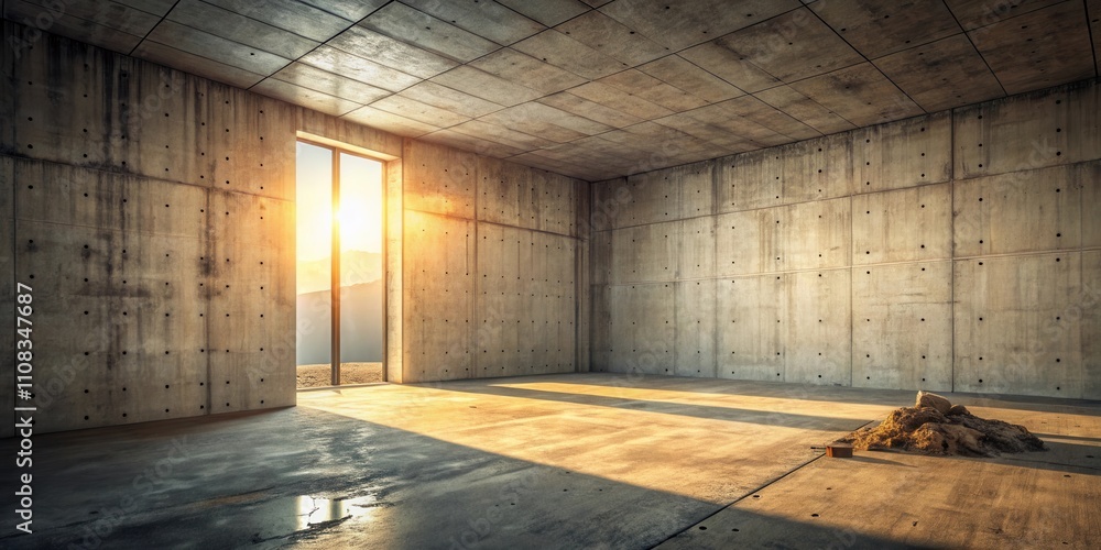 Aufkleber Sunbeams filtering through a large window illuminate a spacious concrete room, casting long shadows on the floor, creating a stark yet serene atmosphere.
