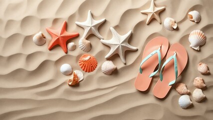 A pair of coral color flip flops on corner flat-lay against a beach sand, with copy space and starfish and seashells around