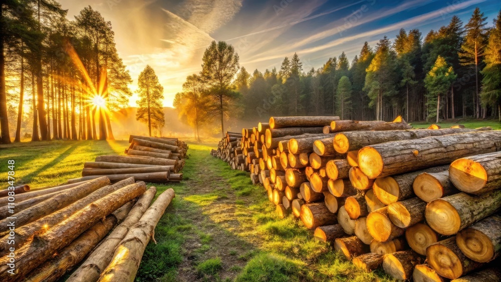 Poster sunbeams illuminate a forest clearing, casting a golden glow on a stack of freshly cut logs, symboli