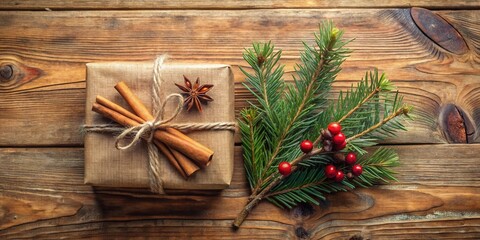 A rustic Christmas gift with cinnamon sticks, star anise, and evergreen sprigs adorned with red berries on a wooden background