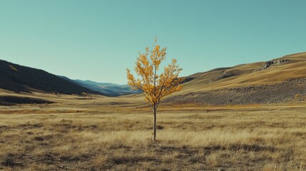 Obraz premium Isolated Yellow Tree in Autumn Landscape with Blue Sky