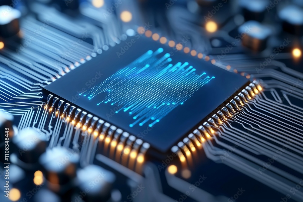 Poster close-up of high-tech microchip with circuit board detailing