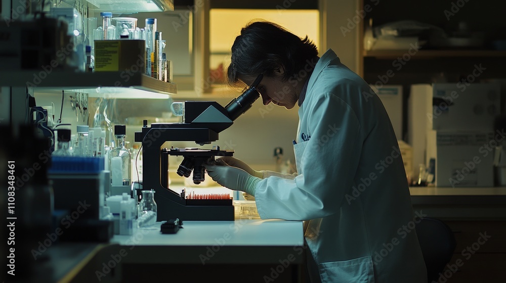 Poster a researcher working with a microscope in a genomics lab, studying genetic structures