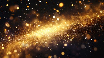 Obraz premium Radiant Golden Sparkles Glitter and Bokeh Lights on Dark Background for festive, Holidays, Banner