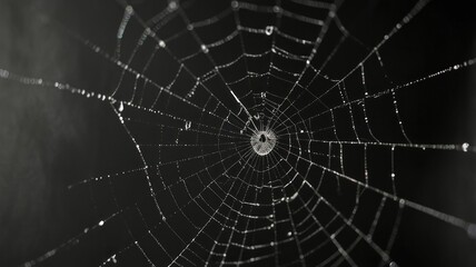 Fototapeta premium Dew-covered spiderweb at night, intricate details visible.