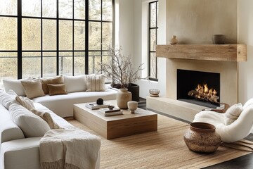 Modern Scandinavian Interior Design for Stylish Home with Cozy Living Room Featuring Natural Textures and Earthy Tones