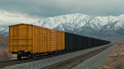 Fototapeta premium A train with a yellow car and black cars is on the tracks