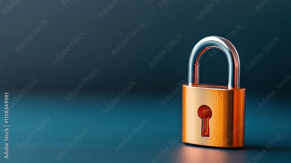 Poster orange padlock on a dark surface with a soft focus background symbolizing security and protection co