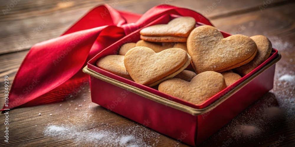 Poster heart-shaped cookies in a red box with a satin ribbon, sprinkled with powdered sugar on a wooden sur