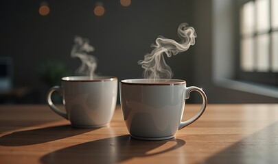 Warm cups of coffee with steam rising, creating a cozy atmosphere perfect for caf&eacute;s, home decor, or lifestyle brands.