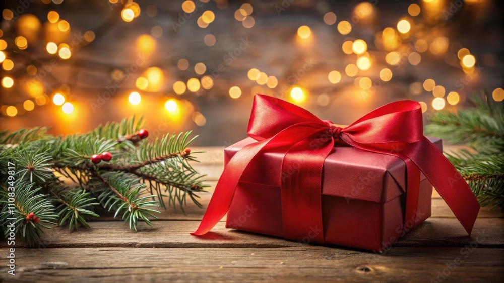 Poster a single red gift box with a satin bow sits on a rustic wooden surface, adorned with evergreen sprig