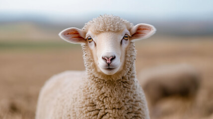 Portrait of a sheep with soft white wool and attentive golden eyes standing in a tranquil rural landscape with a blurred background