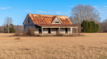 A weathered and abandoned farmhouse with a rusted tin roof stands amidst a dry grassy field