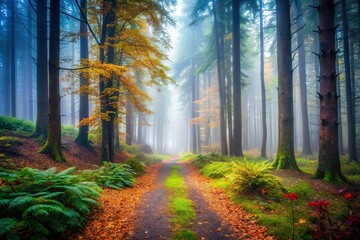 Obraz premium Misty Forest Depth of Field AI Photo, Foggy Woods Landscape, Stunning Nature Scene