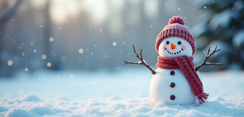 Fototapeta premium A cheerful snowman with a red scarf and hat stands in a winter wonderland, surrounded by falling snowflakes, perfect for holiday-themed projects.