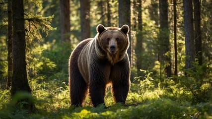 Fototapeta premium Majestic brown bear walking through a sunlit forest during a tranquil afternoon
