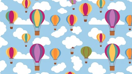 Colorful hot air balloons float cheerfully against a bright blue background with fluffy white clouds in a playful pattern