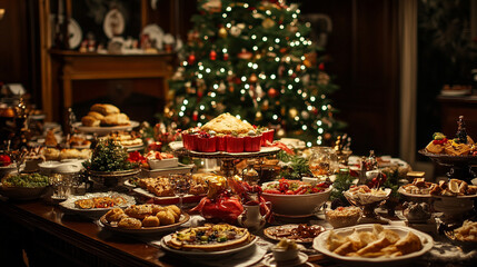 Festive holiday feast with an abundance of delicious dishes and a beautifully decorated tree