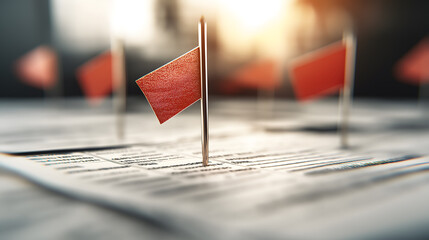 Fraud warning abstract concept. A close-up view of small red flags planted on documents, suggesting a warning or importance highlighted in a professional setting.