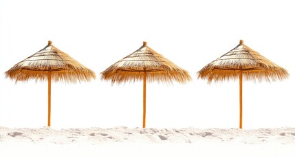 Three Tropical Beach Umbrellas on a Sunny White Sand Shore
