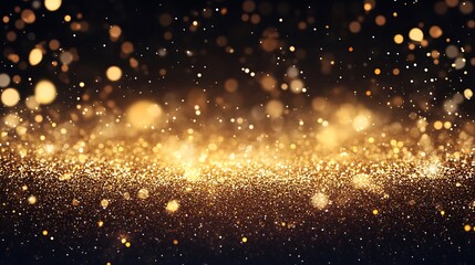 Naklejka premium Radiant Golden Sparkles Glitter and Bokeh Lights on Dark Background for festive, Holidays, Banner