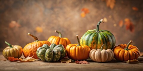 Naklejka premium A Collection of Pumpkins in Autumnal Hues, Displaying a Variety of Shapes and Sizes, with a Soft, Blurred Background of Falling Leaves