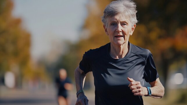 A senior woman running in a 5K charity race, full of determination