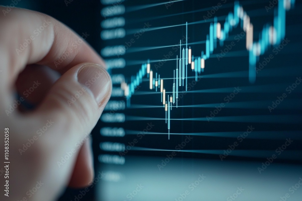 Poster analyzing financial data on a digital stock market graph display