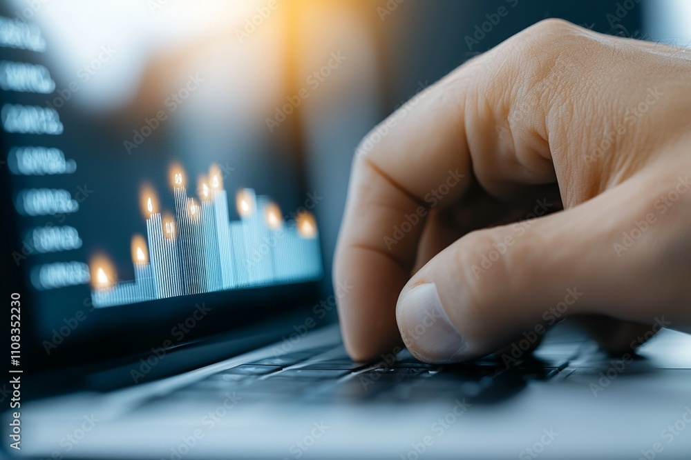 Poster close-up of hand on laptop keyboard with financial graphs displayed on screen