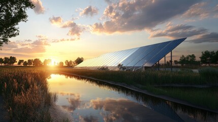 A solar farm with panels reflecting the sky, showcasing clean energy innovation