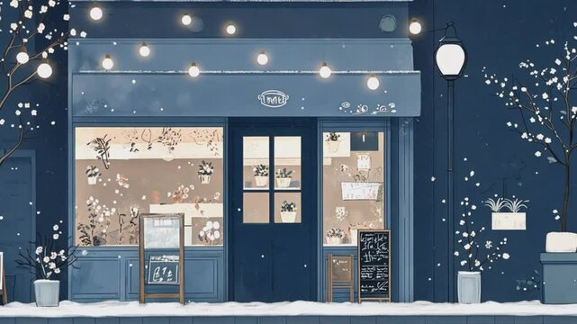 Cozy Winter Shopfront with Festive Lights