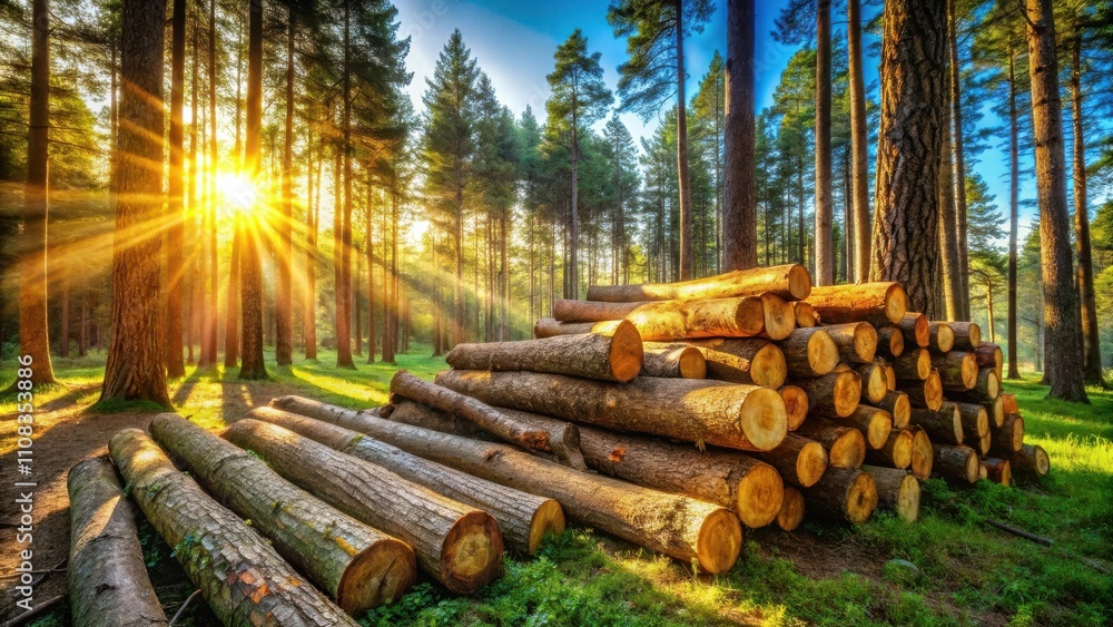 Poster Sunlight streams through a dense forest, illuminating a stack of felled logs, a reminder of the cyclical nature of life and resource management.