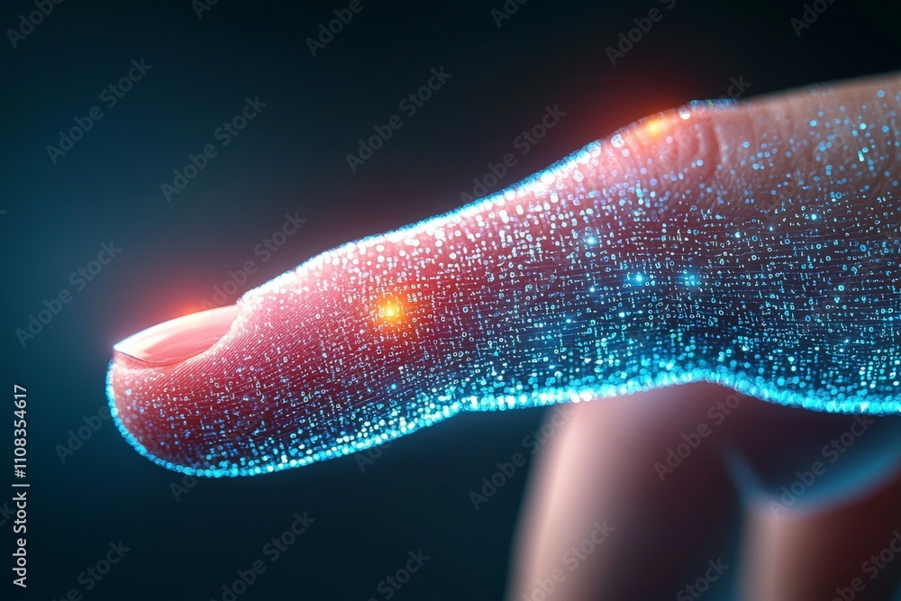 Aufkleber futuristic digital interface on a finger with neon lights and data points