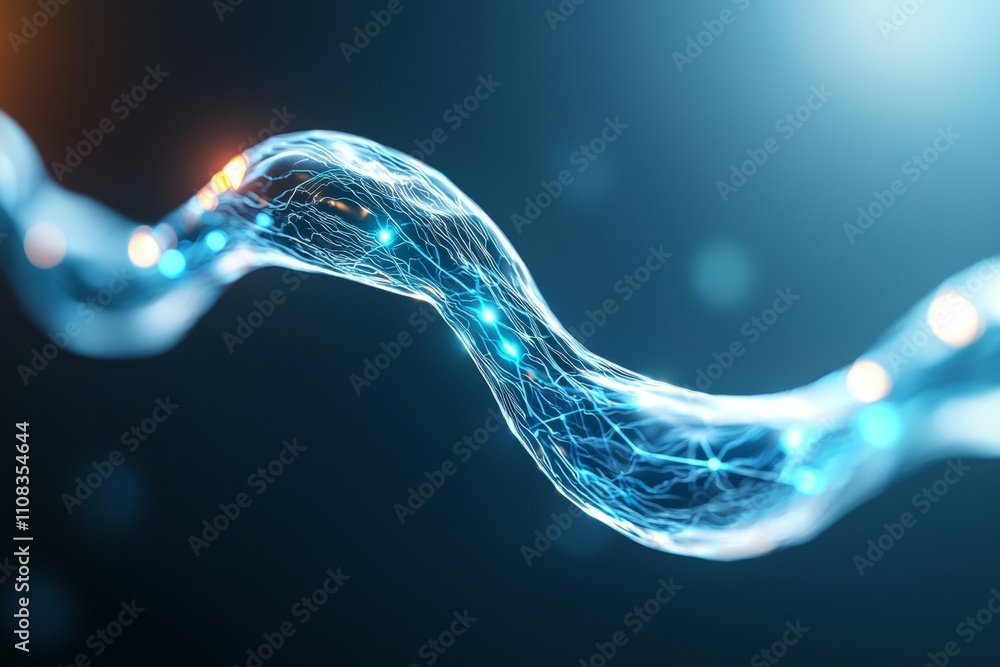 Poster glowing abstract wave with blue neural network connections on dark background