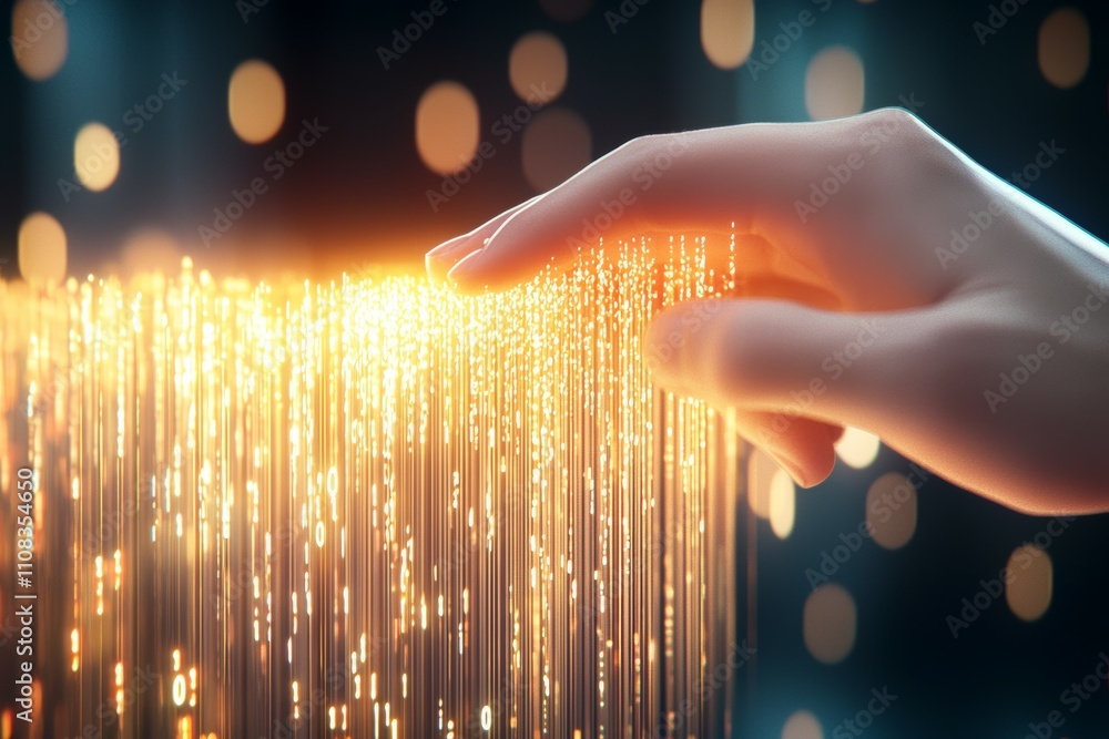 Poster female hand interacting with digital light strings in futuristic setting
