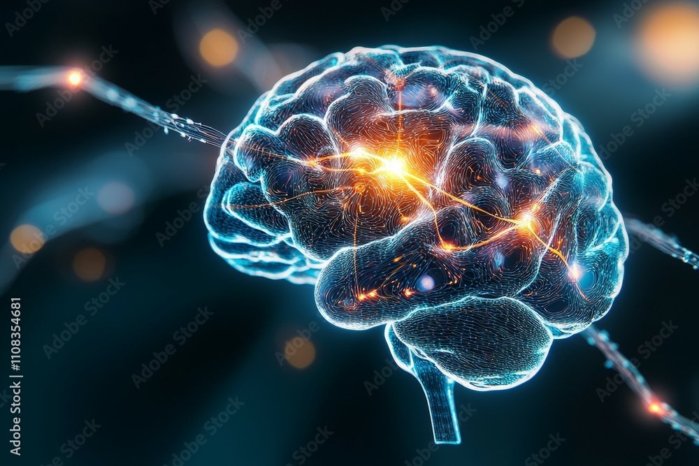 Poster glowing neural connections in a digital brain visualization