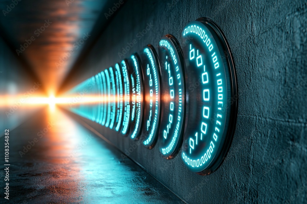 Poster futuristic cyber tunnel with digital binary code and glowing light